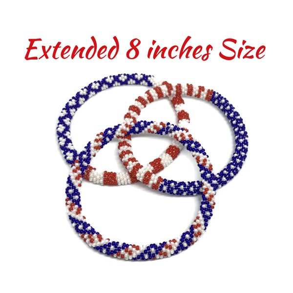 Extended 8 Inches Size ~ Pick Your Favorite Red, White and Blue USA Flag Bracelets. Patriotic Colors Nepal Bracelets. Seed Beads Bracelets.