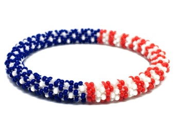 Handmade Beaded Nepal  Bracelet. July 4th US flag patriotic design.