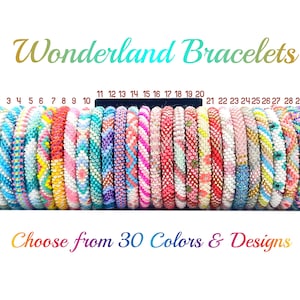 May include: Thirty colorful beaded bracelets displayed on a stand. The bracelets are numbered 1 through 30. The text "Wonderland Bracelets" and "Choose from 30 Colors & Designs" are visible.