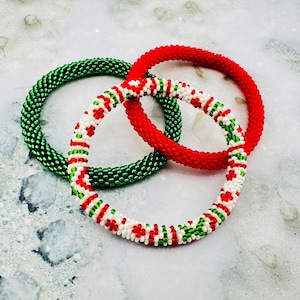 Holidays Theme Bracelets Christmas Colors and Design Nepal Bracelets. Crocheted Xmas Gift.