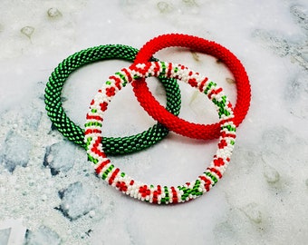 Christmas Colors and Designs Nepal Bracelets. Crocheted Xmas Gift.