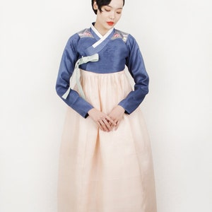 Althaea rosea flower(blue) and apricot hanbok set