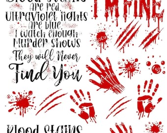 Blood Splatter Decals, Bloody Hand Prints, Realistic Bloody Decals, and Blood Drips, printed on Laser Waterslide Paper- Shipped Ready to Use