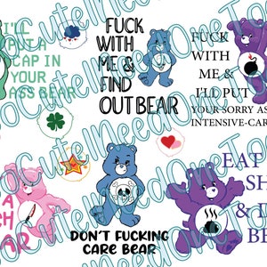 Care Bears with Adult Sayings, Colorful Bears Saying Funny Adult Things on Clear/White Waterslide Decal Paper - Sealed and Ready Use