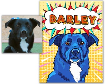 May include: A pop art style portrait of a black dog with the name "BARLEY" in an orange and white speech bubble. The dog is blue with a white chest. A smaller photo of the dog is in the upper left corner.