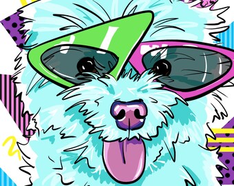 May include: A white fluffy dog with blue fur wearing green and pink sunglasses. The dog has a pink tongue sticking out and is looking directly at the viewer.