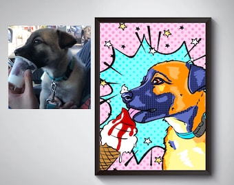 May include: A framed pop art print of a dog enjoying an ice cream cone, with a matching photo of the dog. The pop art features a dog with orange and blue fur, a blue collar, and a pink and blue background with stars.