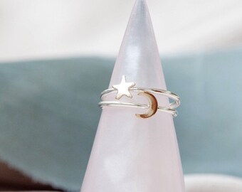 Moon ring, Star ring silver and gold filled,