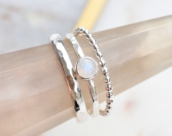 Rainbow moonstone ring sterling silver,  Stacking ring set of 3,  Moonstone Jewelry for women, Gift for her, June birthstone, UK Jewellery,