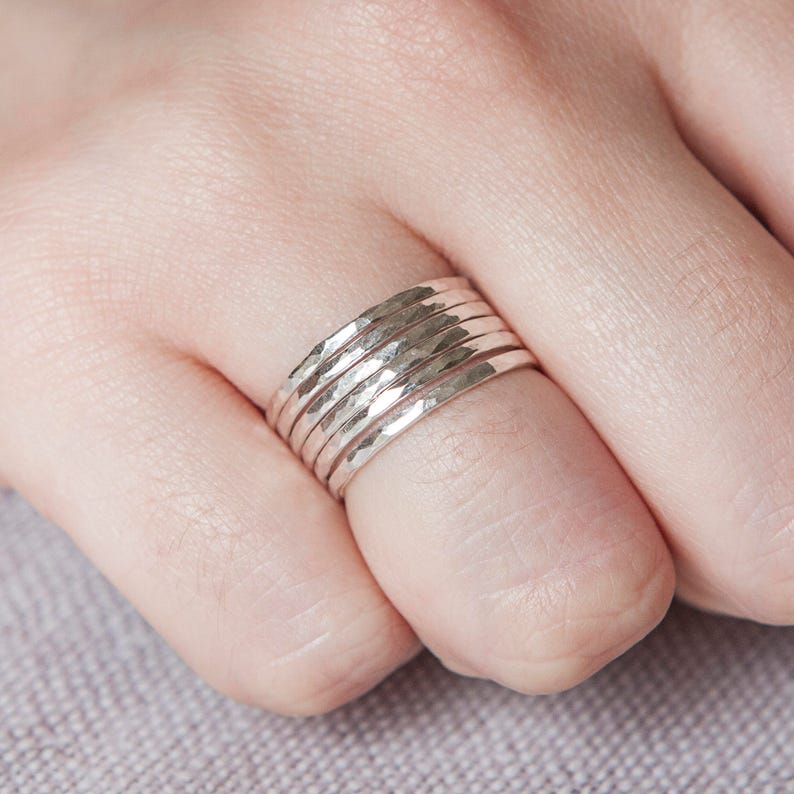 Thin hammered stacking ring sterling silver, Knuckle ring, Midi ring, Dainty stacking ring set, Minimalist delicate skinny ring image 3