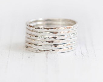 Thin hammered stacking ring sterling silver, Knuckle ring, Midi ring, Dainty stacking ring set, Minimalist delicate skinny ring