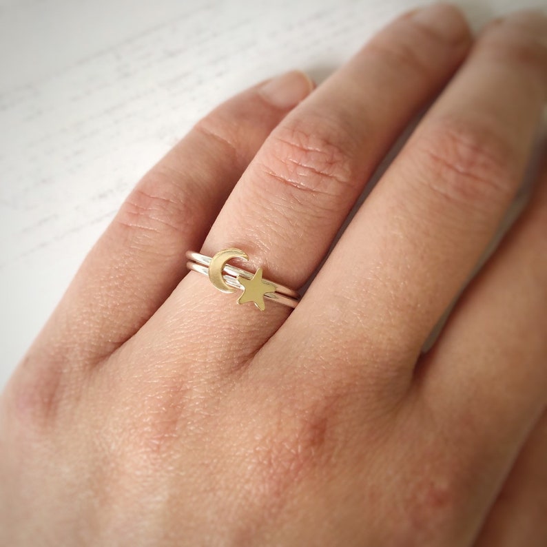 Celestial Jewelry Moon and star ring sterling silver and gold