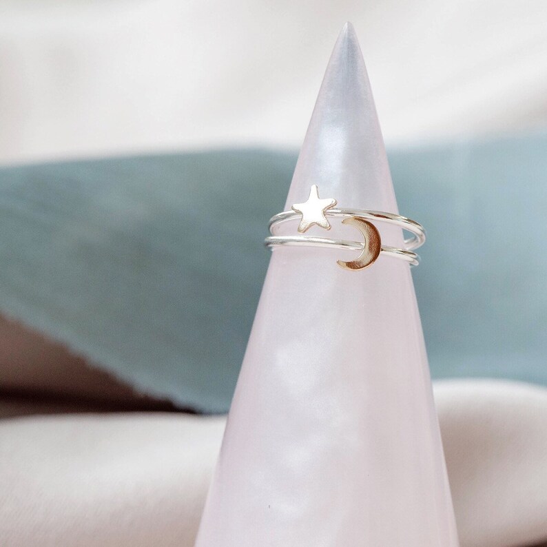 Celestial Jewelry Moon and star ring sterling silver and gold