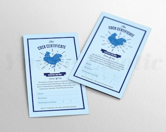 May include: Two light blue "Cock Certificate" cards. Each card features a blue rooster illustration with radiating lines and the text "REDEEM FOR ONE". The cards include space for "Giver", "Receiver", and "Redemption Date".