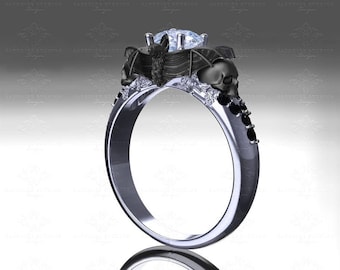 Moonlight - Natural White & Black Diamond Bat and Skull Engagement Ring