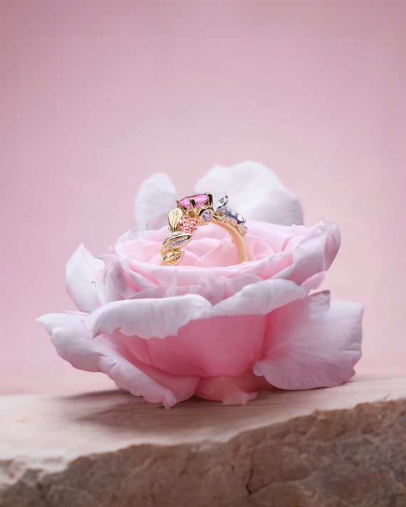 Alice - Natural Lavender Quartz, Pink Sapphire & Diamond Gold Ring