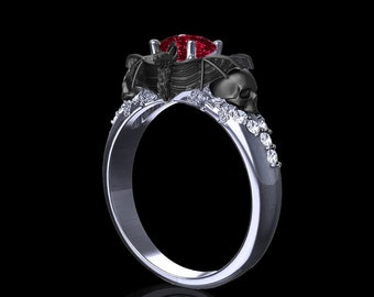 Moonlight - Natural Ruby and White Diamond Bat and Skull Engagement Ring