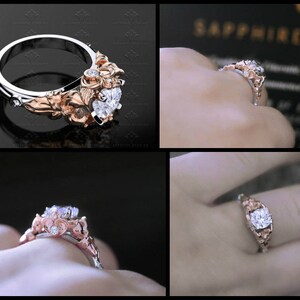 Puede incluir: Un anillo de compromiso de oro rosa y blanco con un gran diamante redondo y claro en el centro. El anillo presenta un dise&ntilde;o floral con detalles delicados.