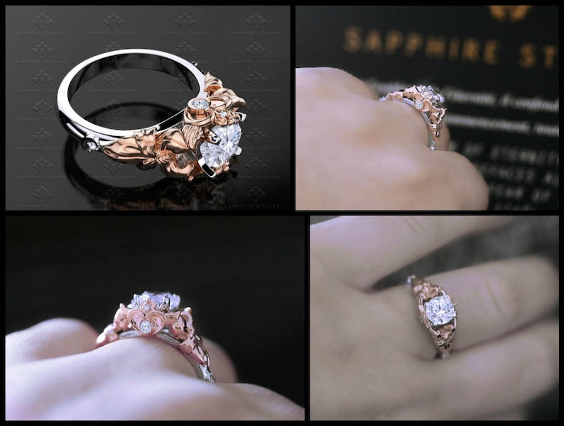 Puede incluir: Un anillo de compromiso de oro rosa y blanco con un gran diamante redondo y claro en el centro. El anillo presenta un dise&ntilde;o floral con detalles delicados.