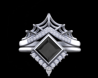 Avalee Princess Cut Black Diamond & Spider Web Band Gold Bridal Set