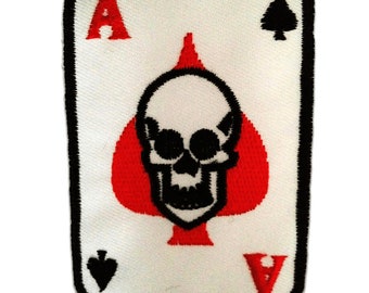 Iron on patches - Poker Ace card Skull Biker - white - 5.5x8 Application badges
