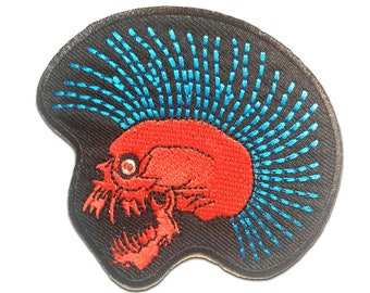 Iron on patches - Punk Skull Biker - red/blue - 8.5x7.6cm - Application badges