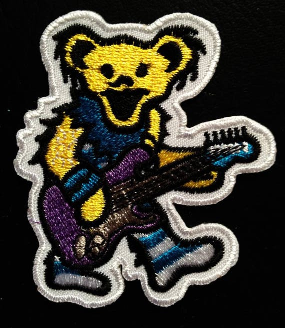 6,5 x 8 cm gelb Aufnäher / Bügelbild Bär spielt Gitarre 