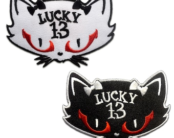 Cat Lucky 13 Biker - Iron On Patches Adhesive Emblem Stickers Appliques, Size - 2.56 x 3.62 Inches