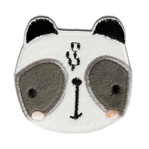 May include: White panda bear face embroidered patch with black ears, gray eyes, and a black nose. The patch has a white background and is surrounded by a white border.