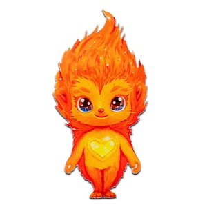 Op de afbeelding: Een grillig stripfiguur met vurig oranje haar en een bijpassend lichaam. Het personage heeft grote, expressieve blauwe ogen en een geel hartvormig embleem op de borst. Het ontwerp is helder en vrolijk.