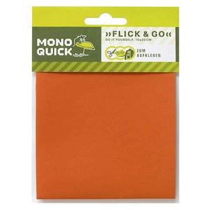 May include: A pack of orange self-adhesive paper for crafts. The pack is labelled "Mono Quick Flick & Go" and "Do it yourself. 10x20 cm. Zum Aufkleben."