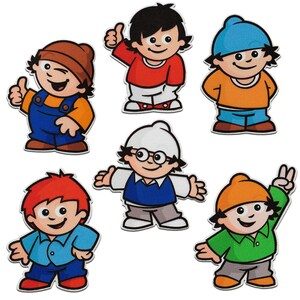 Könnte beinhalten: Sechs Comicfiguren mit verschiedenen Farben von Kleidung und Frisuren. Die Figuren lächeln alle und haben unterschiedliche Gesichtsausdrücke.