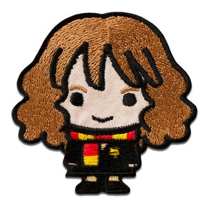 May include: Embroidered patch featuring a cartoon illustration of a young woman with brown hair, wearing a black robe, a red and yellow scarf, and a Gryffindor crest.