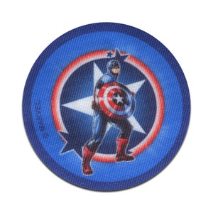 May include: A round blue and red fabric patch with a white star and a red, white, and blue circle. A cartoon image of Captain America is standing in the centre of the patch holding his shield.