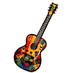 May include: A colorful embroidered patch of an acoustic guitar with peace signs, stars, and the words "Peace & Love".