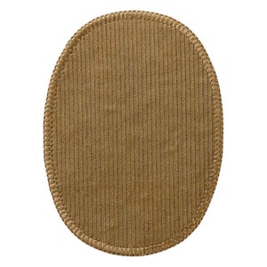May include: A brown oval-shaped patch of corduroy fabric with a stitched edge.