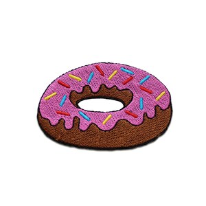 May include: Embroidered patch of a donut with pink frosting and colorful sprinkles. The donut has a brown base and a hole in the center. The sprinkles are yellow, blue, and red.