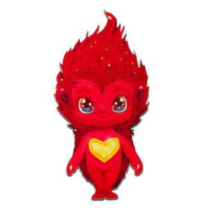 Op de afbeelding: Een grillig, rood wezen met een hartvormige borst en grote, expressieve ogen. Het wezen heeft stekelig haar en kleine oren. Een geel hart is gecentreerd op de borst. Het algehele ontwerp is cartoonachtig en vriendelijk.