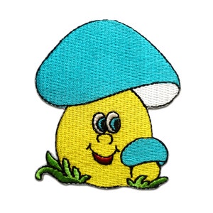 Iron on patches - mushroom funny children yellow/blue 7,7x6,3 Application badges