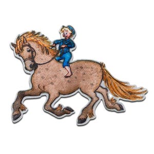 Pode incluir: Um cavalo castanho e branco com uma juba e cauda longas e fluidas está correndo. Um menino pequeno com uma camisa azul e um boné está montando o cavalo.