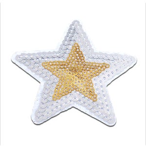 Puede incluir: Parche de lentejuelas en forma de estrella. La estrella exterior es de lentejuelas plateadas y la estrella interior es de lentejuelas doradas. Este parche decorativo se puede coser o planchar sobre ropa o accesorios.