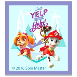 Könnte beinhalten: Eine blaue und weiße Illustration von zwei Cartoon-Hunden aus der Zeichentrickserie Paw Patrol. Die Hunde tragen ihre Uniformen und rennen. Der Text "Just YELP for Help!" ist in lila Buchstaben auf weißem Hintergrund geschrieben.