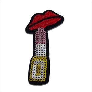 Iron on patches - lipstick with mouth lips with sequins – colorful – 6,9x3,4cm - Application