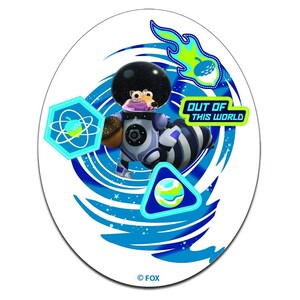 May include: A cartoon squirrel wearing a space suit and holding an acorn. The squirrel is surrounded by a blue and white swirl with stars and other space-themed graphics. The text "Out of this world" is written in green on a blue background. The image is on a white background with the copyright symbol and "FOX" written at the bottom.