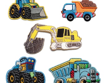 Iron on patches for clothing kids - Construction sites set 5 pieces truck