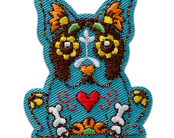Muertos Hund Tier - Aufnäher, Bügelbild, Aufbügler, Applikationen, Patches, Flicken, zum aufbügeln, Größe - 4,7 x 3,8 cm