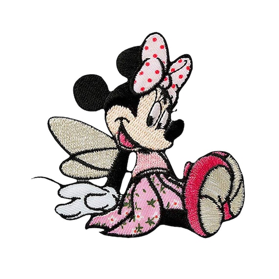 Iron on Patches Minnie Mouse Seated Wings Disney Pink 7,5x7,5cm