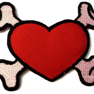 Aufnäher / Bügelbild - Herz mit Knochen Emo - rot - 8,0 x 6,4 cm - Patch Aufbügler Applikationen zum aufbügeln Applikation Patches Flicken