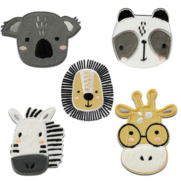 Zoo Set 5 pieces animal - Iron on patches adhesive emblem stickers appliques