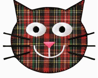 Cats head red green Karo animal - Iron on patches, size - 3,6 x 2,92 inches